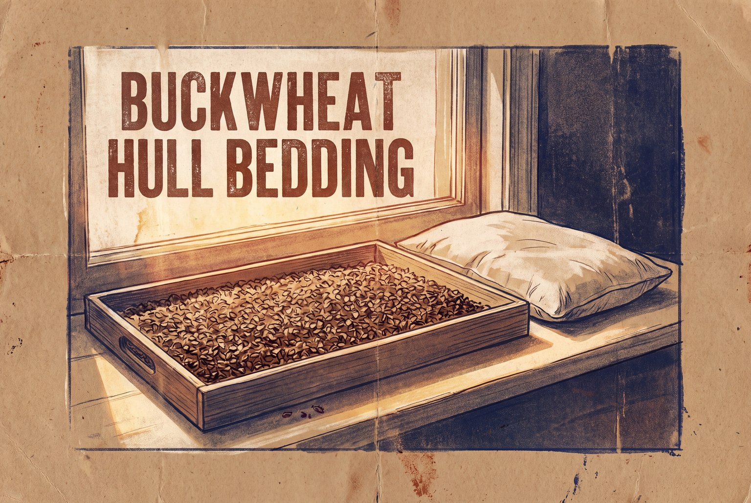 Loose buckwheat hulls spread in a thin layer on a wooden tray, drying on a sunny windowsill next to an emptied cotton pillow cover.