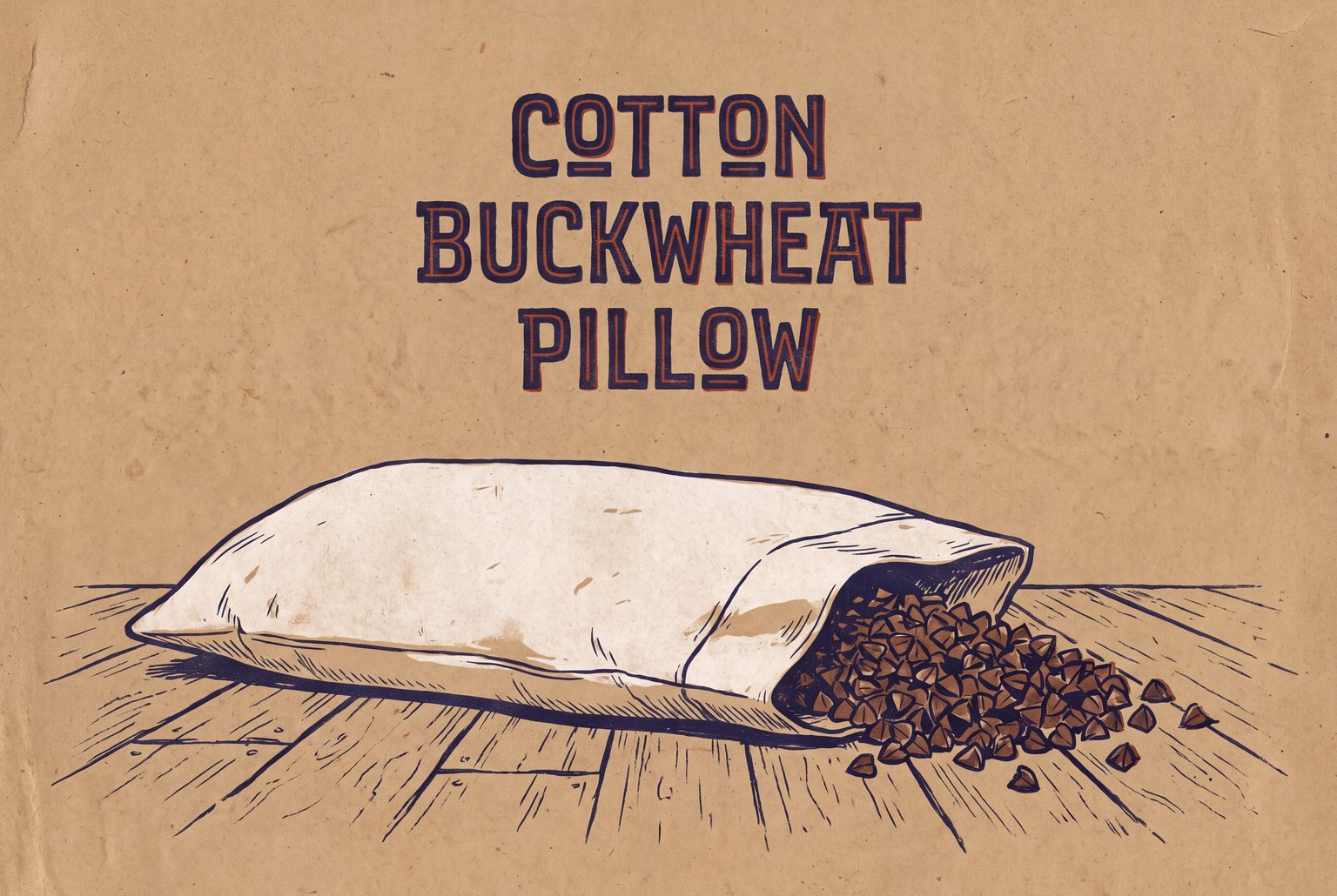 An open cotton pillow case on a wooden floor with a small pile of brown, angular buckwheat hulls spilling out next to it.