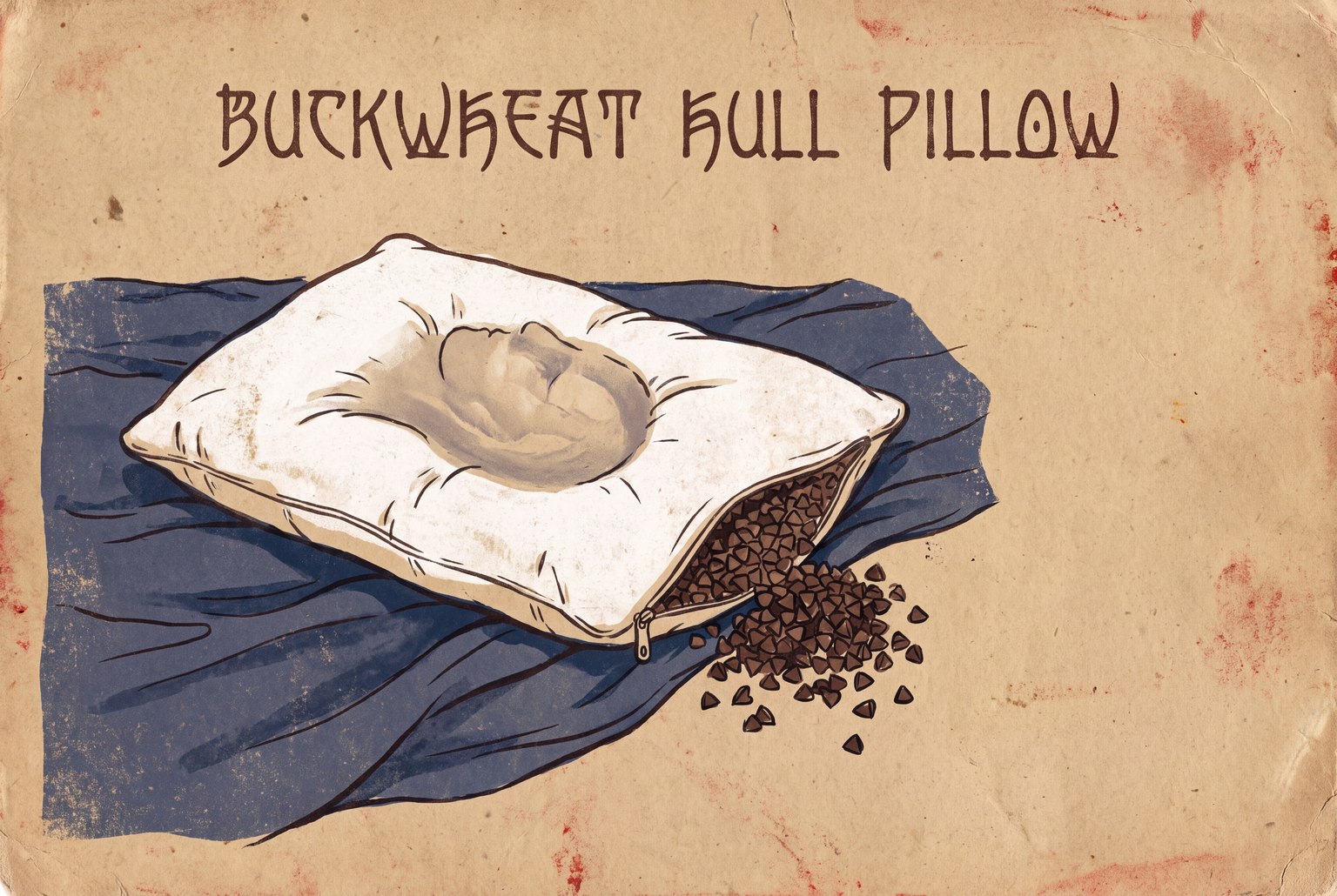 A white cotton pillow on a bed. Its top has a shallow dent shaped like a resting head, one zippered corner is open, and a small pile of brown, angular buckwheat hulls lies on the sheet next to it.