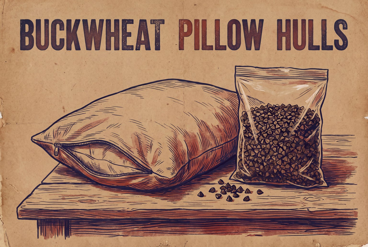 An empty cotton pillow cover next to a sealed clear bag of brown buckwheat hulls ready for the freezer, with a few loose hulls spilled on a wooden table.