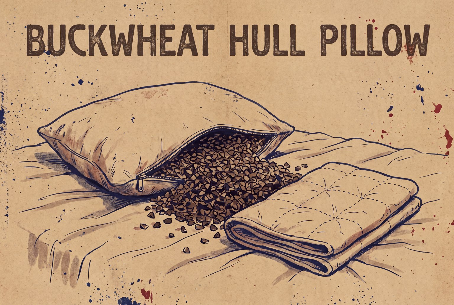 A buckwheat pillow on a bed, zipper open along one side, with a handful of loose brown hulls piled beside it and a folded quilted cotton cover to the right.