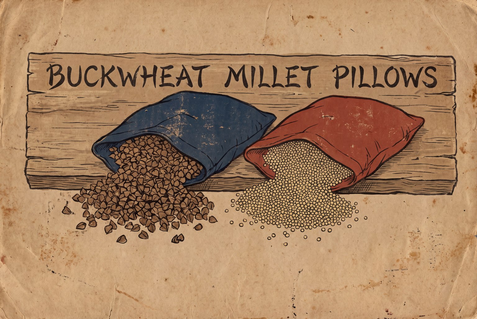 Two open pillow cases side by side. The left one spills a heap of dark, angular buckwheat hulls and the right one spills a heap of tiny, round, pale millet hulls, so you can see how the two fills differ in size and shape.