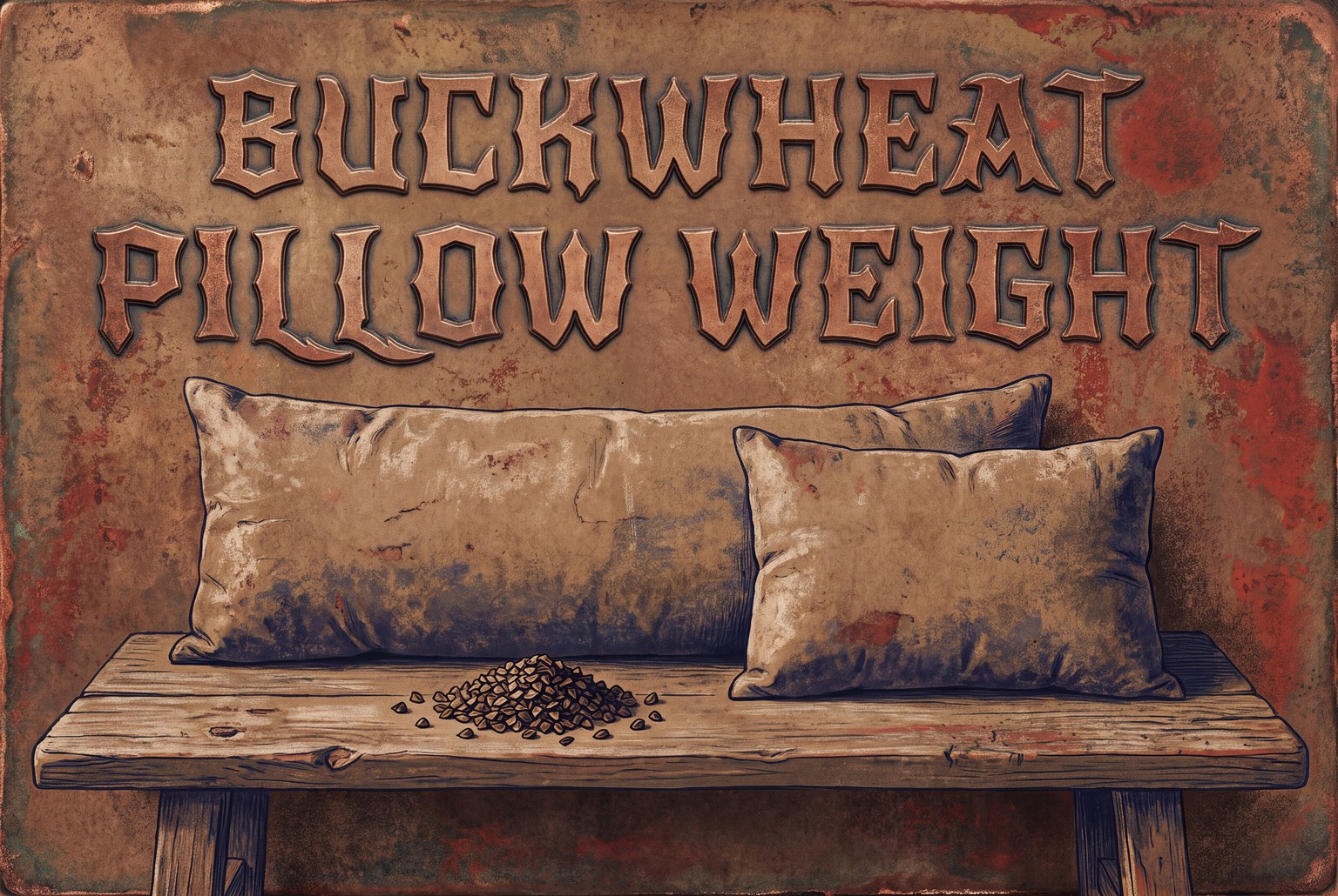 A long, flat pillow lies beside a shorter one on a wooden bench, with a small pile of brown, three-sided buckwheat hulls in front of them.