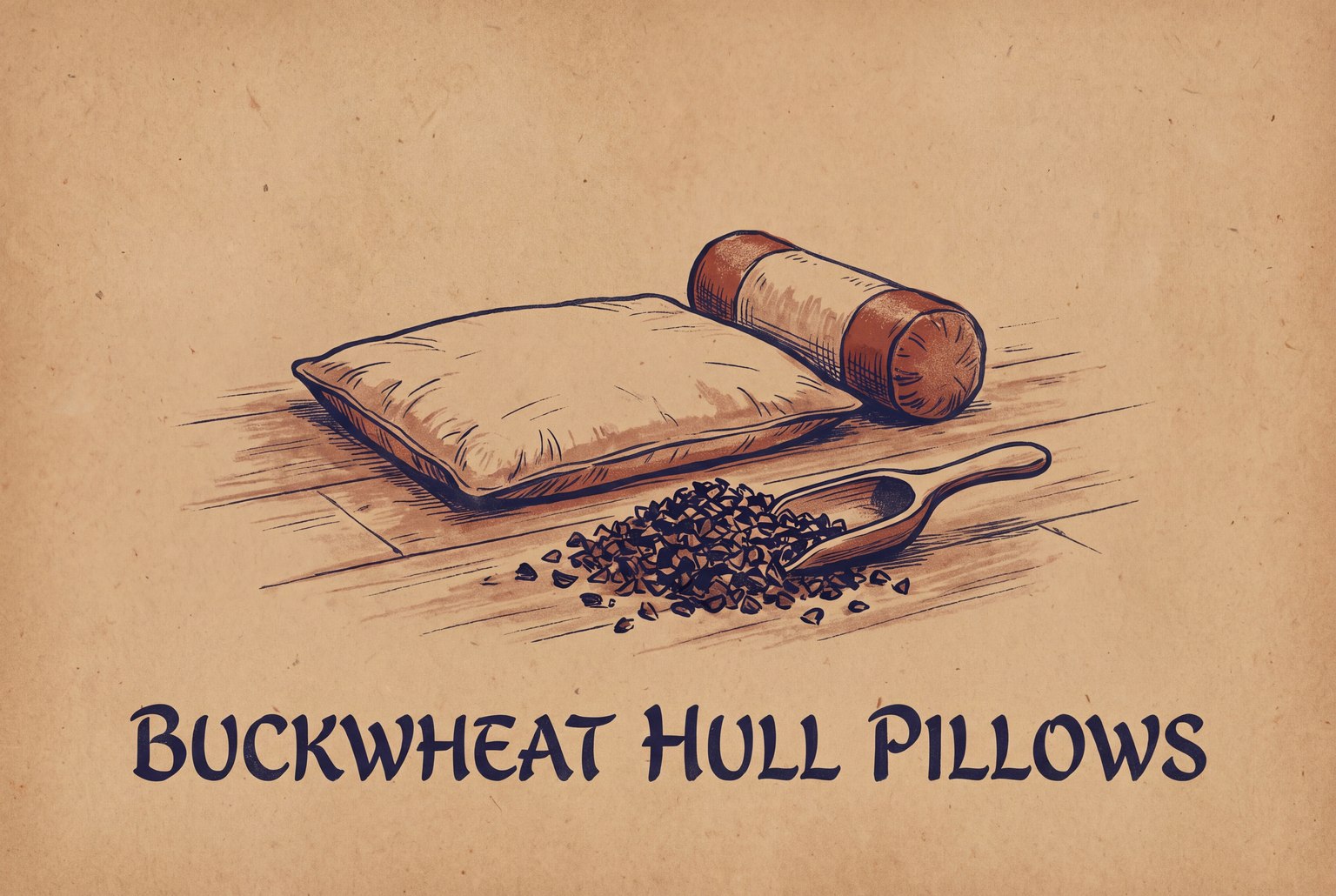 A flat rectangular pillow and a short round neck roll resting side by side on a wooden floor, with a small pile of loose dark buckwheat hulls and a wooden scoop in front of them.