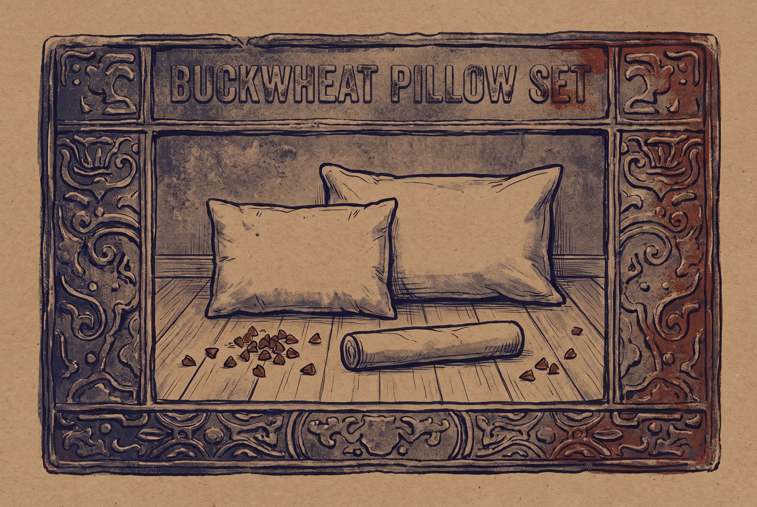 Illustration of a compact rectangular buckwheat pillow next to a wider standard pillow, a narrow round neck roll in front, and loose brown hulls scattered on the floor.