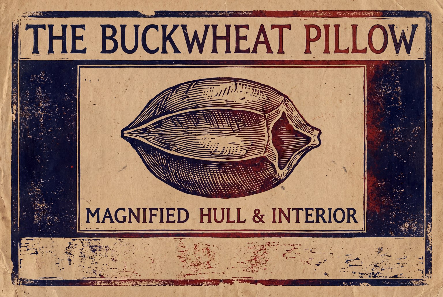A woodblock plate on kraft paper: one buckwheat hull magnified and cut in dense indigo line with iron-oxide shading, framed by ruled panels of lettering.
