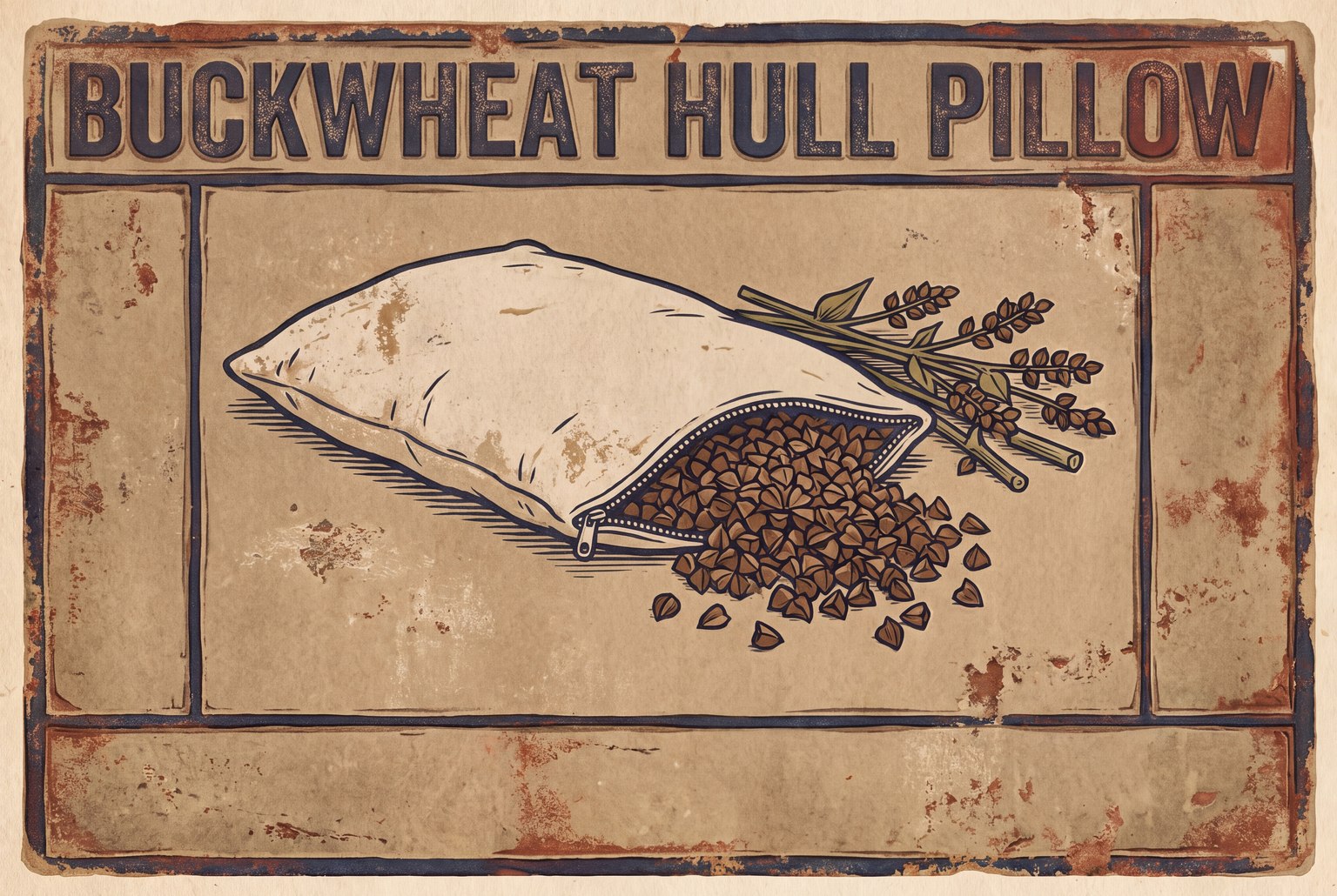 Illustration of an open cotton pillow shell with brown, three-sided buckwheat hulls spilling onto a flat surface next to a few buckwheat stems with seeds attached.