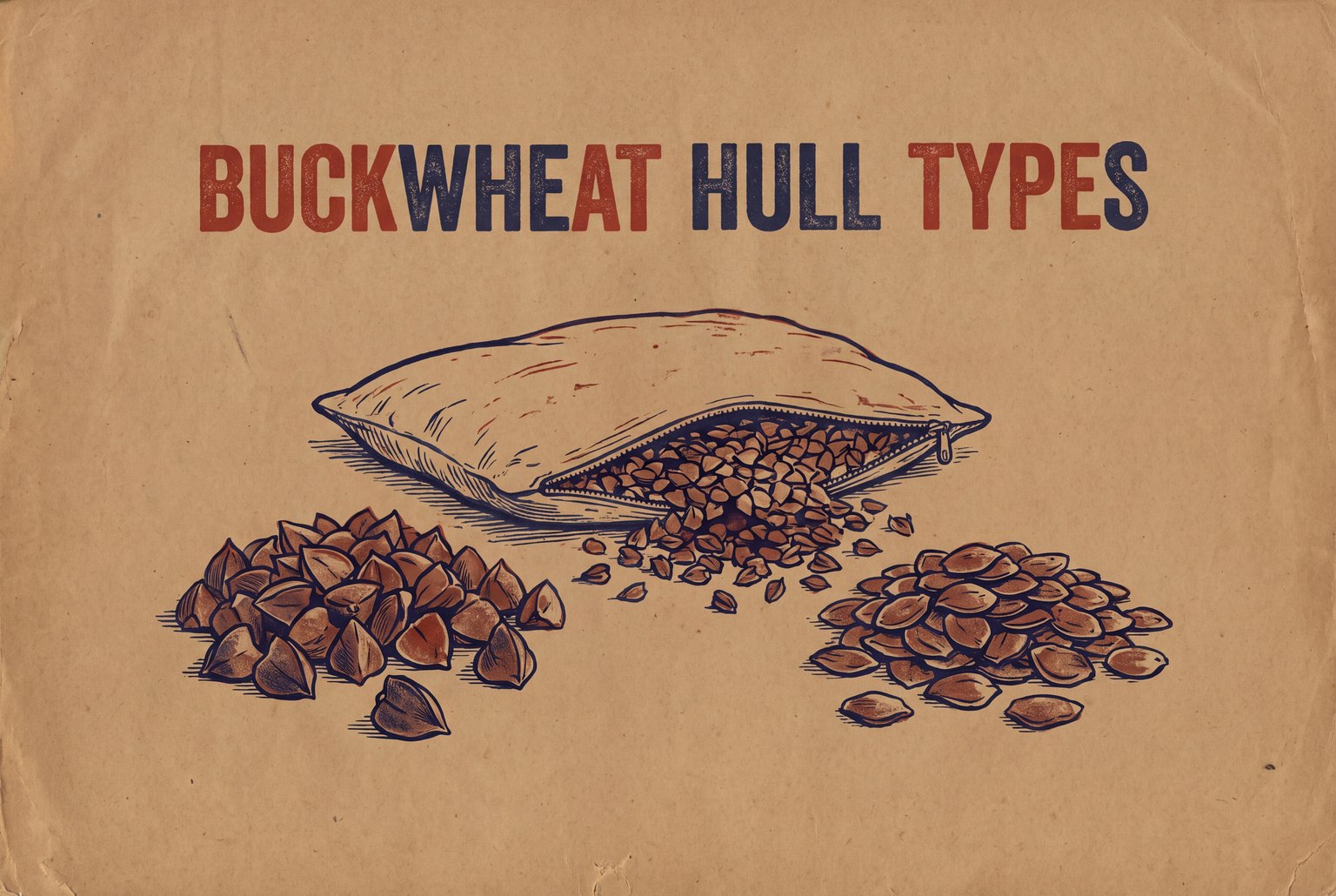 An open buckwheat pillow on a flat surface with two small piles of hulls next to it: on the left, intact hulls with sharp three-sided corners; on the right, flatter, smoother hull pieces.