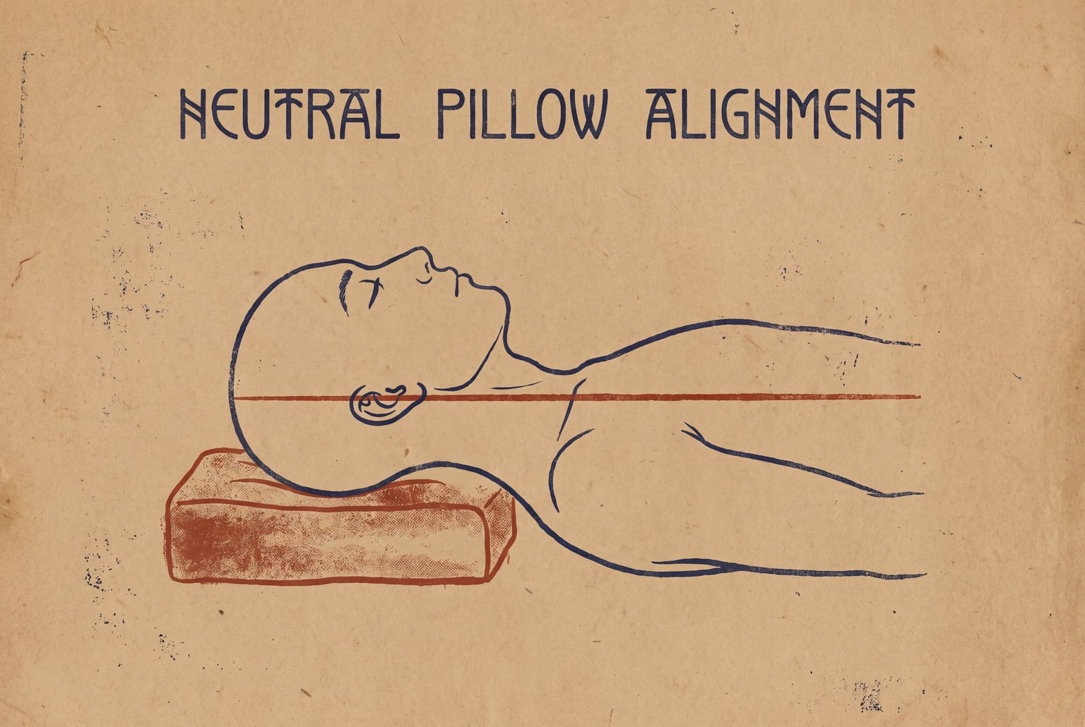 A woodblock-register plate: a figure lying face up in profile with skull, neck, back and arm drawn in one indigo line, a level iron-oxide rule running through the ear and along the body, and a rectangular pillow beneath the head and neck.