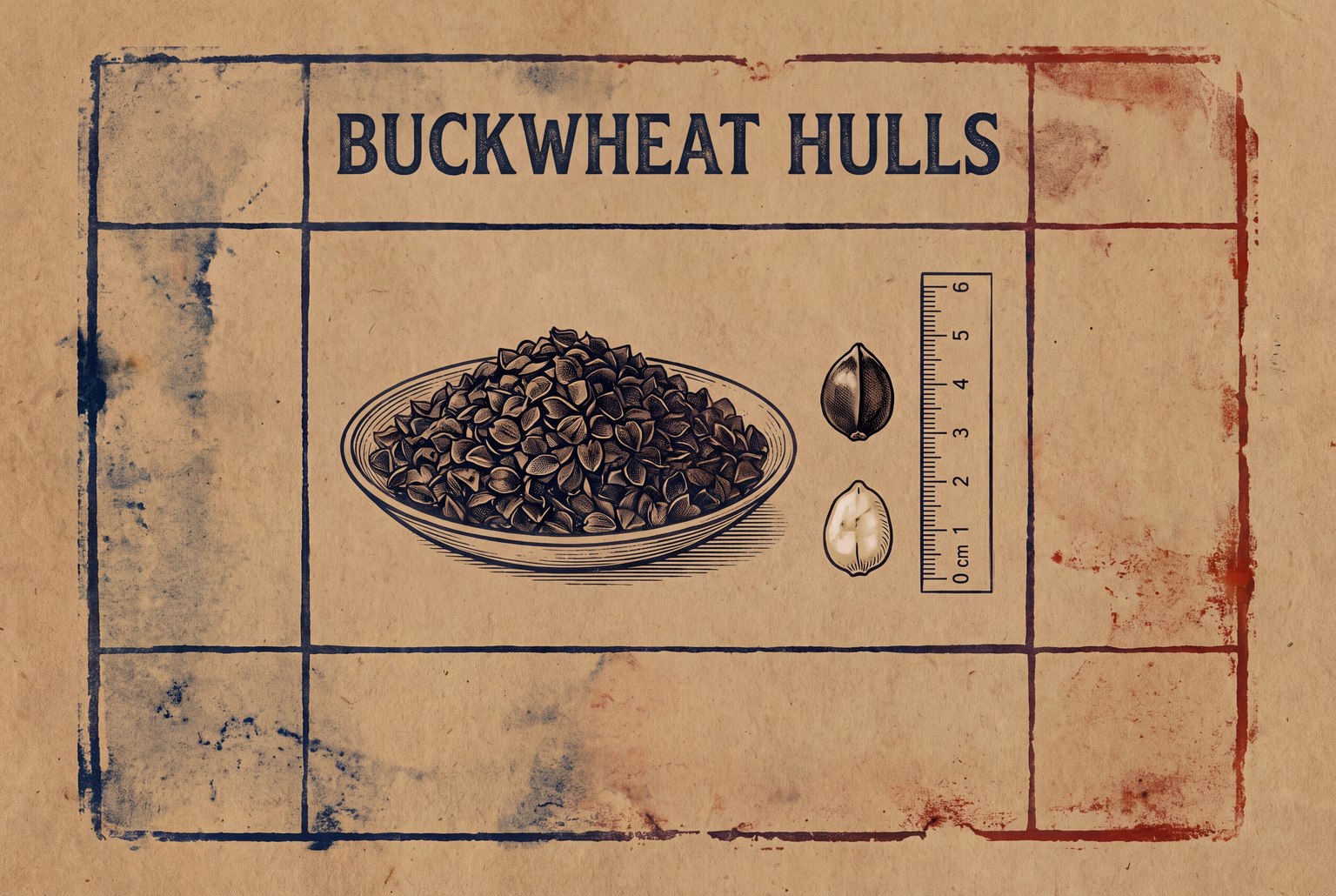 Dark brown three-sided buckwheat hulls heaped in a shallow dish, with one whole buckwheat seed and one pale dehulled groat placed next to the dish and a ruler showing the hulls are a few millimetres long.